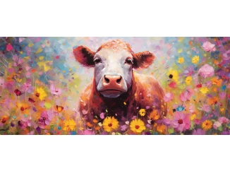 Obraz na plátne Krava v kvetoch 140x60 cm, efekt olejomaľby